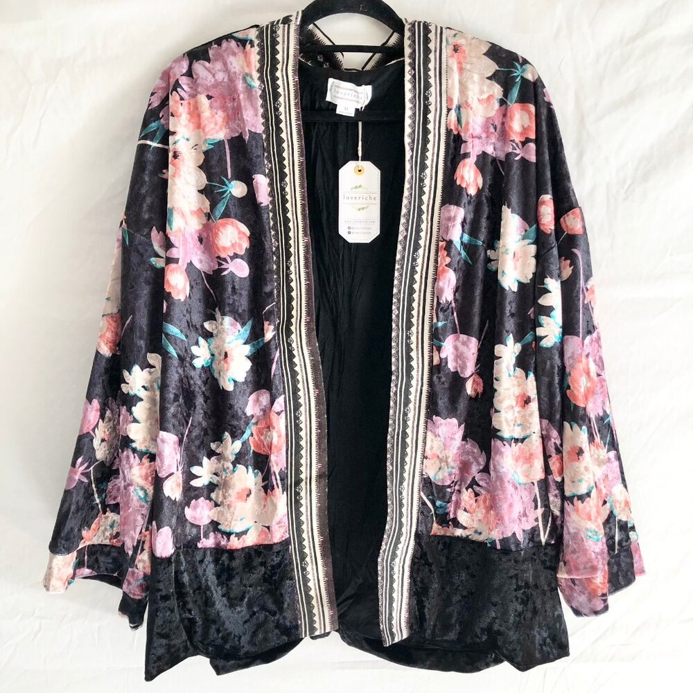 Black Floral Velvet Short Kimono Open Front Jacket